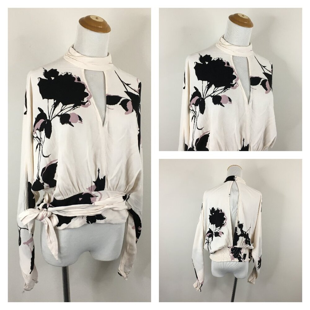 FREE PEOPLE Dolman Sleeve Multi-color Cut Out Front & Back Belted Hem Crop Shirt